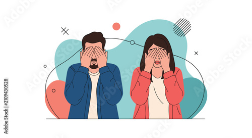 Man and woman covering their eyes with their hands to represent denial, surprise, or a game of hide and seek.
