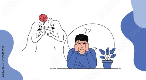 Stressed young man covering his head while experiencing distressing internal thoughts of two arguing ghost figures.