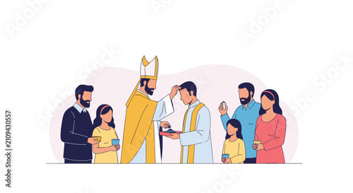 Catholic priest blessing a young man with holy ash on his forehead during a confirmation ceremony in church.