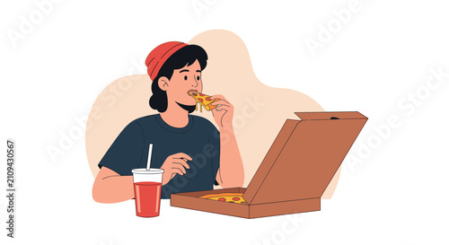 Young person wearing a red beanie enjoying a fresh slice of pepperoni pizza directly from a delivery box.