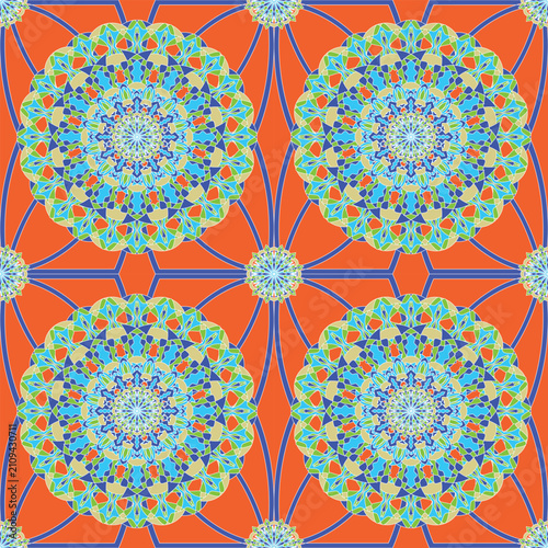 Elegant seamless mandala pattern featuring intricate floral symmetry with vibrant orange and blue tones. Ideal for fabric, wallpaper, home décor, packaging, stationery, and surface design.