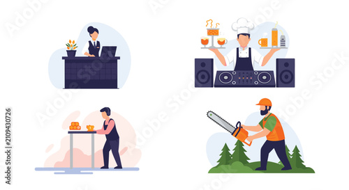 Set of four flat cartoon characters representing different professions, including receptionist, chef, waiter, and lumberjack.