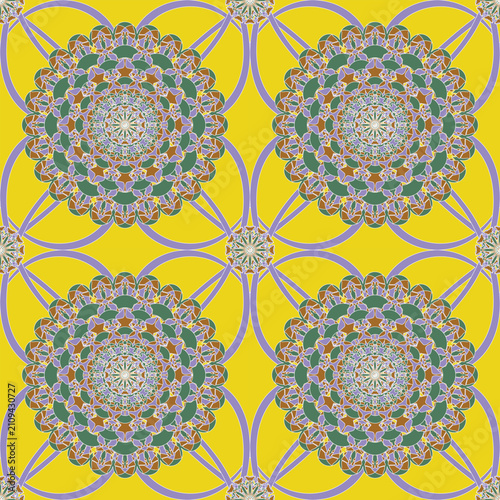 Colorful seamless mandala pattern with layered floral geometry on a bright yellow background. Perfect for fabric, wallpaper, wrapping paper, textiles, home décor, ceramics, and digital backgrounds.
