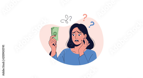 Worried young woman holding a dollar bill with a confused expression and question marks around her, vector money concept illustration.