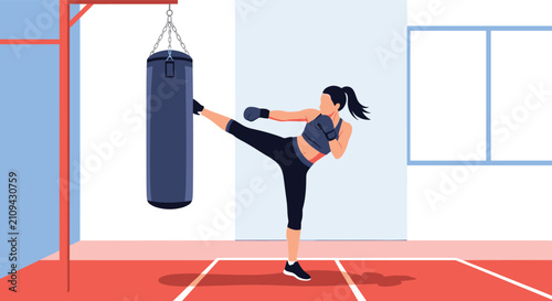 Athletic woman practicing her high kick on a blue punching bag in a fitness gym, karate and martial arts concept vector illustration.