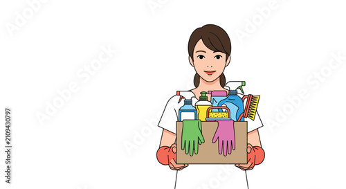 Professional female cleaner holding a cardboard box filled with various detergents and cleaning supplies, vector cartoon illustration.