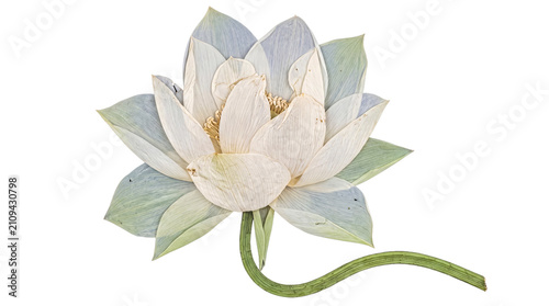 Single pressed white lotus flower with delicate petals and curved stem on transparent background for botanical themes.