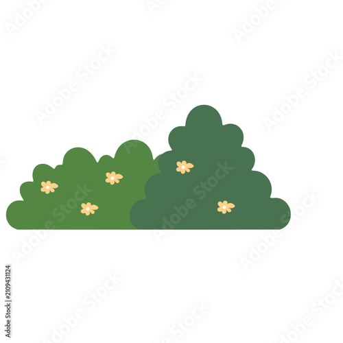 Green bush illustration with flowers. Flat vector shrub icon for garden design.