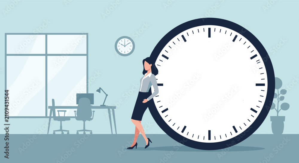 Obraz premium Young businesswoman leaning on a giant wall clock in office representing time management deadline and schedule concept.