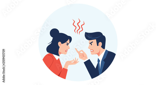 Angry couple having a heated argument and pointing fingers at each other inside a circular flat vector frame.