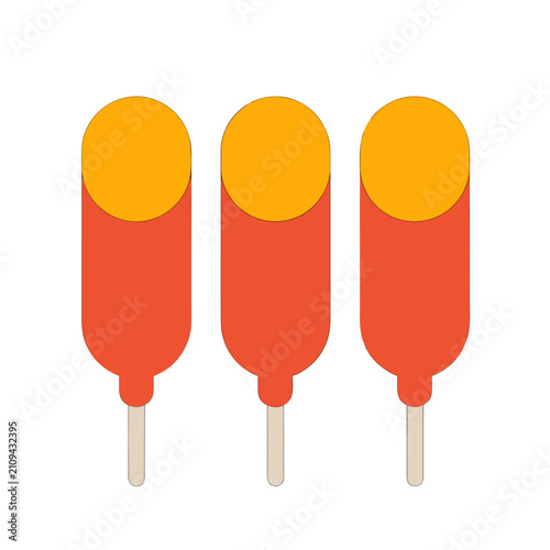 Flat vector illustration of three Korean corn dogs with orange bodies and yellow tops, minimal geometric design, clean shapes, isolated on white background, modern food icon style.