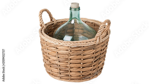 Foto Large empty glass bottle carboy inside wicker basket container isolated on trans