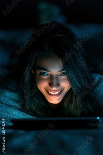 Woman smiling while using tablet in dark bedroom with screen glow and cinematic lighting for digital lifestyle and mobile app marketing