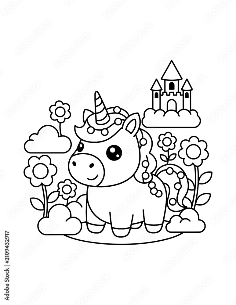Fototapeta premium Cute Baby Unicorn Coloring Page – Printable Black and White Outline Educational Worksheet for Kids