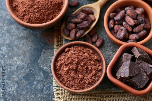 The Cocoa Powder Still Life in Rustic Terracotta Bowls with Cocoa Nibs