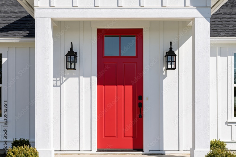 Fototapeta premium The Red Front Door of a White Modern Farmhouse Entrance