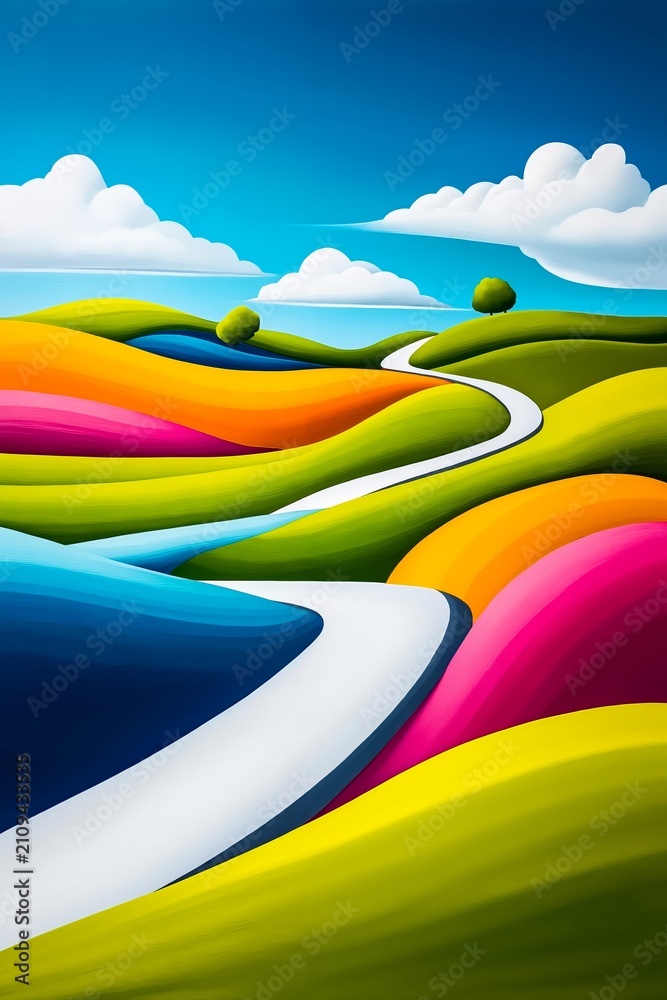Obraz premium A colorful landscape with a winding road in the middle of it