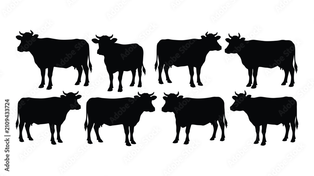 Fototapeta premium Black silhouette animals line art featuring cows and goats with horns