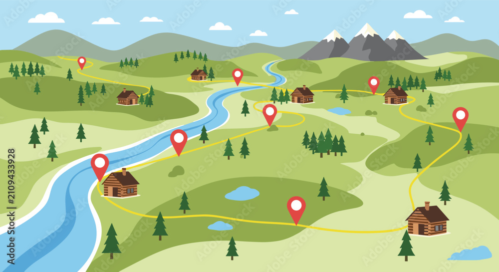 Obraz premium Beautifully illustrated scenic tourist map with a river, mountains, green hills, wooden cabins, and red location pins.
