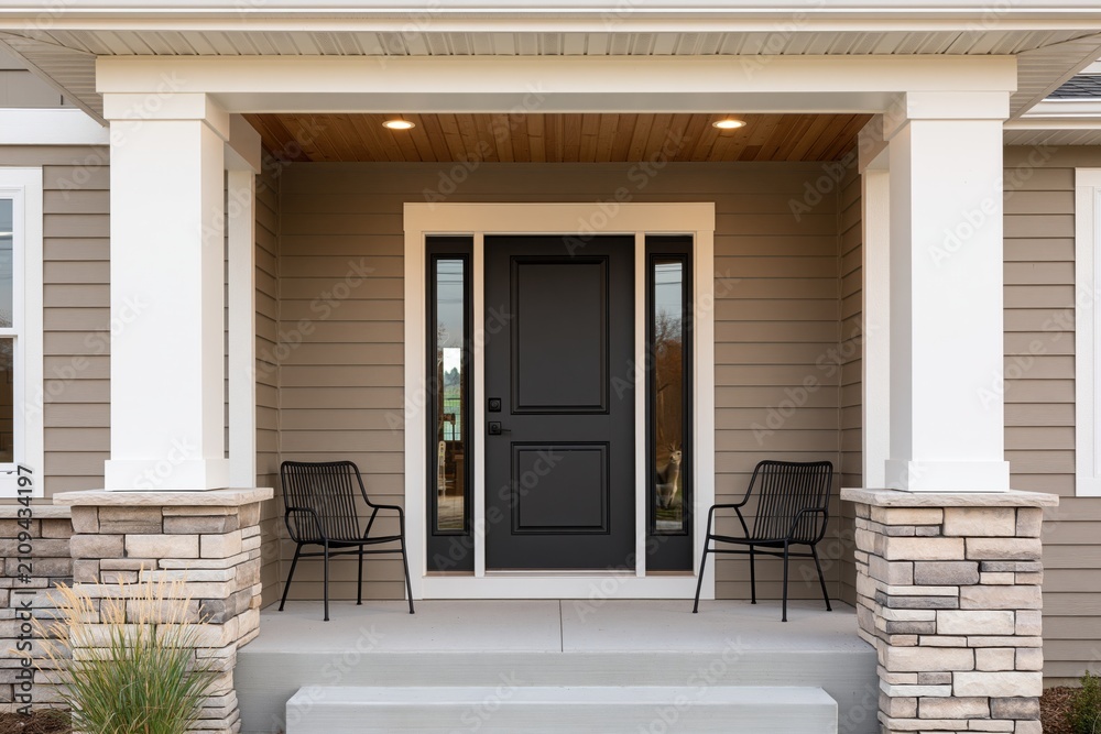 Obraz premium The Front Door on a Modern Porch with Stone Accents and Outdoor Chairs