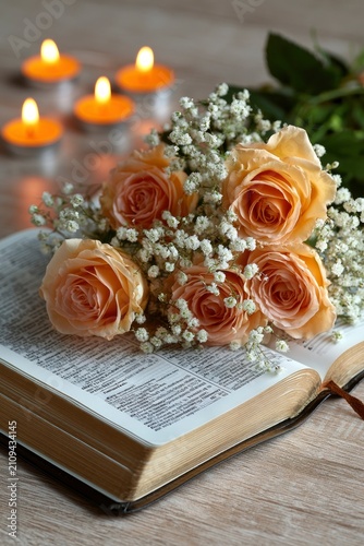 Peach roses and gypsophila resting on an open bible with glowing candles in an elegant macro shot for wedding and religious marketing
