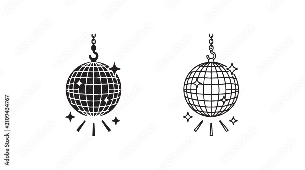 Obraz premium disco ball vector silhouette with line art pair icon featuring party, light, decoration