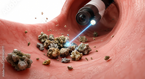 Endoscopic 3D view of laser lithotripsy shattering calcium stones inside ureter or kidney