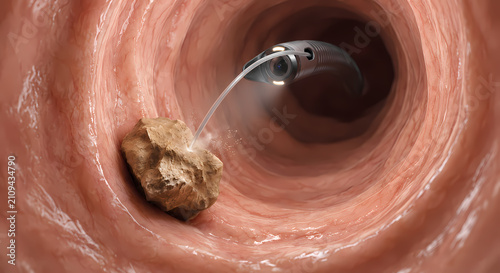 3D endoscopic view of medical probe shattering kidney stone in urinary tract