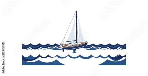 Foto Sailboat on Stylized Ocean Waves Vector Illustration