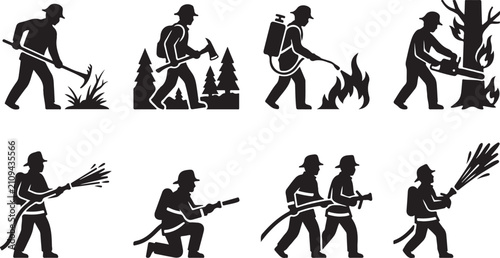 Fotografi Comprehensive Wildfire Firefighter Icon Set: Silhouette Illustrations of Forestry Fire Service Personnel Fighting Forest Fires with Chainsaws, Hoses, Pulaskis, and Drip Torches