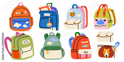 Cute school backpacks collection in trendy cartoon style. Colorful children's bags with various patterns, badges, keychains and plush toys. School accessories vector clipart for print, stickers
