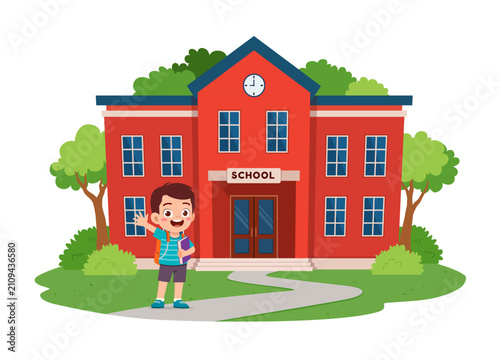 Happy Asian Boy Waving and Holding a Book in Front of Red School Building Ready for Class