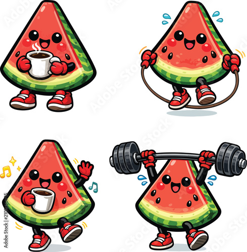 Funny Cartoon Mushroom and Fruit Characters Wearing Santa Hats Christmas Holiday Vector Set with Cute Winter Mascots Snowman Gifts Tree Ornaments and Festive Celebration Illustration