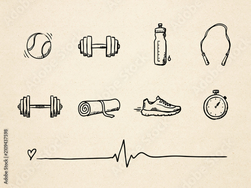 A collection of minimalist, hand-drawn line-art icons focusing on fitness, exercise, and healthy lifestyle gear.