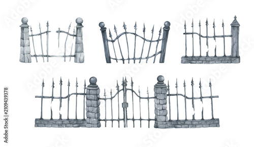 Foto Halloween fence watercolor illustration set, black wrought iron gate with broken silhouette, spooky graveyard entrance, vintage rusty border, scary night festival decoration
