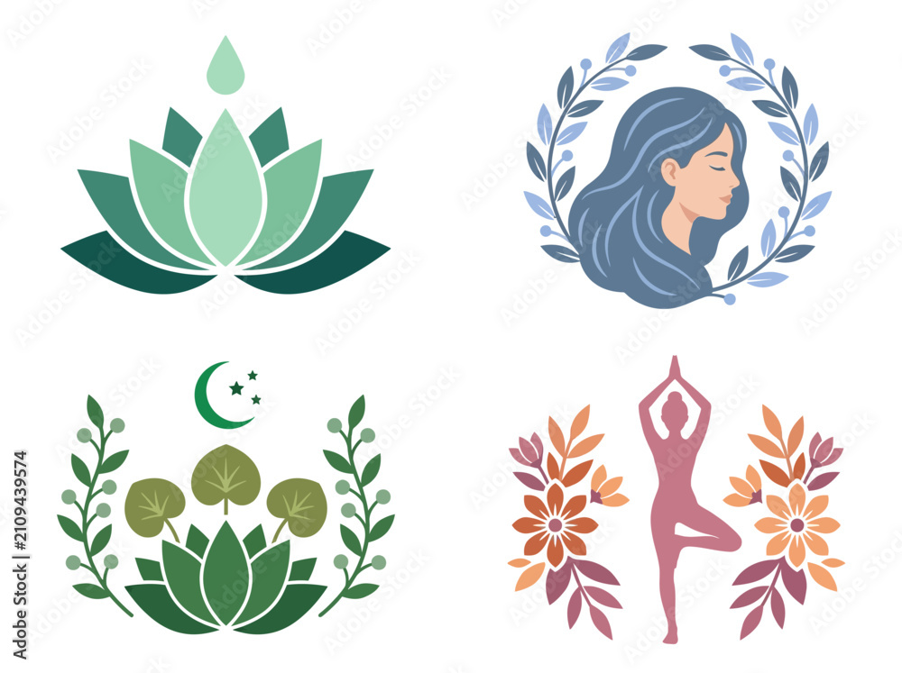 Fototapeta premium Holistic Wellness and Beauty Logo Set with Yoga, Lotus, and Nature Elements