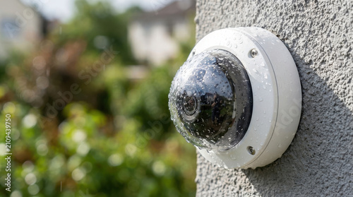 Security camera with water droplets mounted wall outdoor rainy weather, protecting home with clear lens and durable design