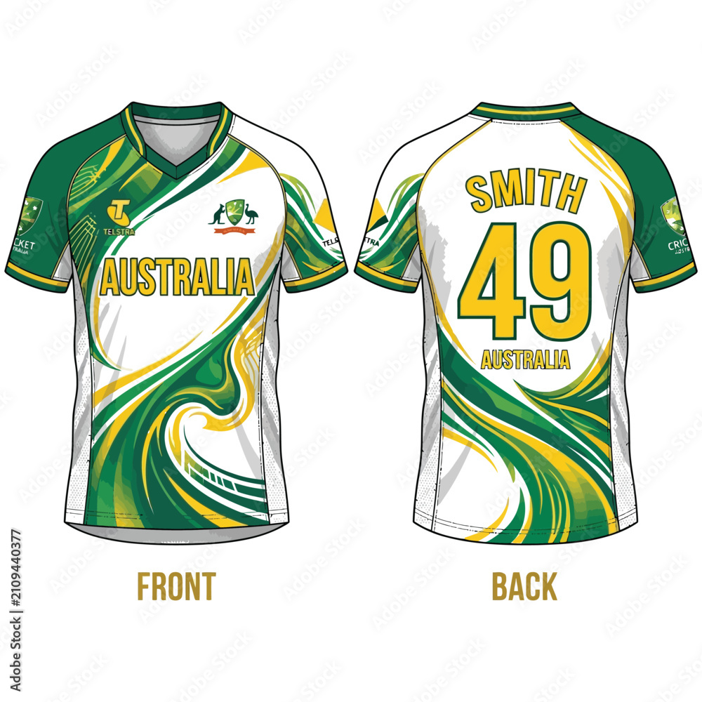 Fototapeta premium Sublimated sports jersey design for australian cricket team front and back view