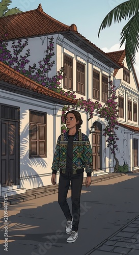 Man Walks Town Street.