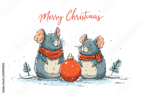 Seasonal Greeting Card Featuring Mice isolated