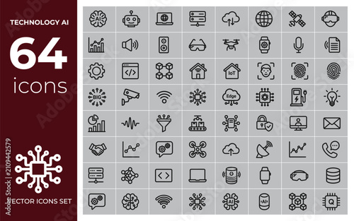 Technology AI Vector Icons Set - 64 Line Icons for Artificial Intelligence, Robotics, IoT and Digital Technology