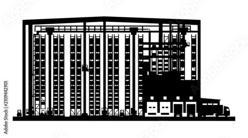 Warehouse silhouette with storage racks and logistics trucks