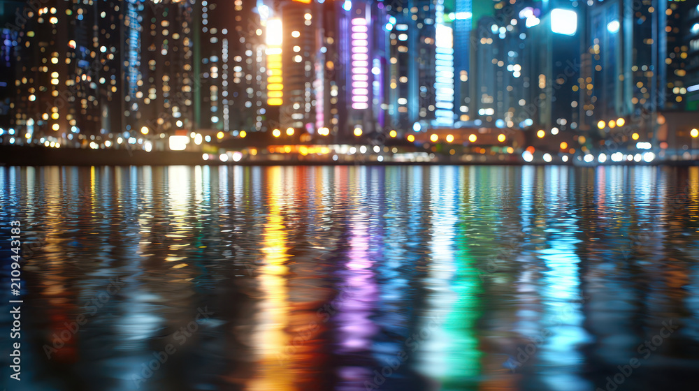 Fototapeta premium Vibrant neon lit cityscape reflects beautifully on water surface, creating mesmerizing display of colors and lights