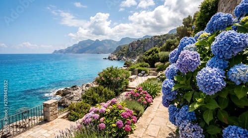 Lush Hydrangea Garden Overlooking Turquoise Mediterranean Sea and Rocky Coastline