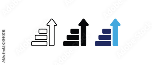 Stairs with arrow icon, career progress level up symbol, business growth ladder sign, success step trend graphic. Vector illustration