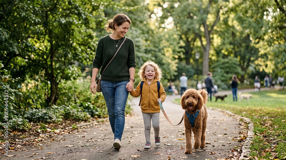 Fototapeta premium Mother and child walking dog in park during sunny day. Bonding moment in nature with family and pet illustrates outdoor fun. Ideal for pet-related promotions and lifestyle content.