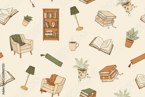 Seamless pattern featuring hand-drawn of cozy reading nooks, armchairs, bookshelves, potted plants, lamps, and open books