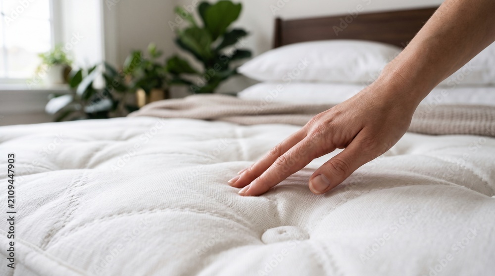 Obraz premium Person touching soft white mattress surface testing comfort quality inside modern bright bedroom interior space with surface evaluate softness
