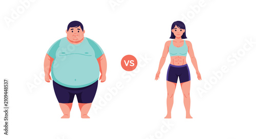 Fitness and weight loss comparison showing an obese man and a fit muscular athletic woman isolated on white background.