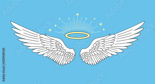 Outstretched white angel wings with golden halo and shining stars on a clear blue sky vector illustration background.